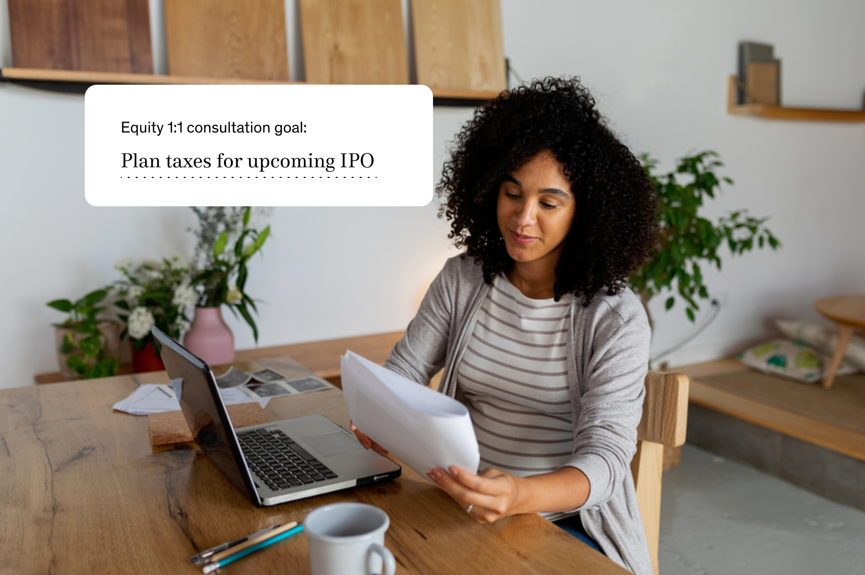 woman on video call for equity tax advisor session for upcoming IPO