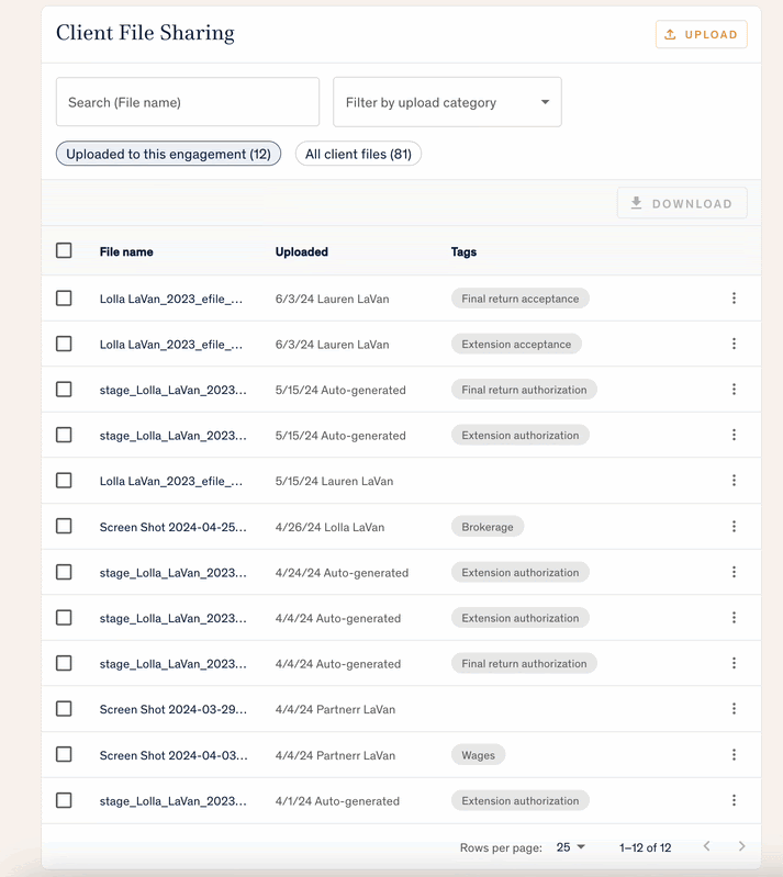Client file sharing in the Harness portal