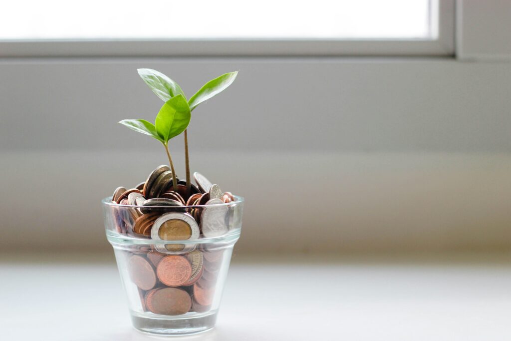 A small green plant grows in a clear glass cup filled with coins, symbolizing the financial growth and support families can receive through the Trump Child Tax Credit in 2025.