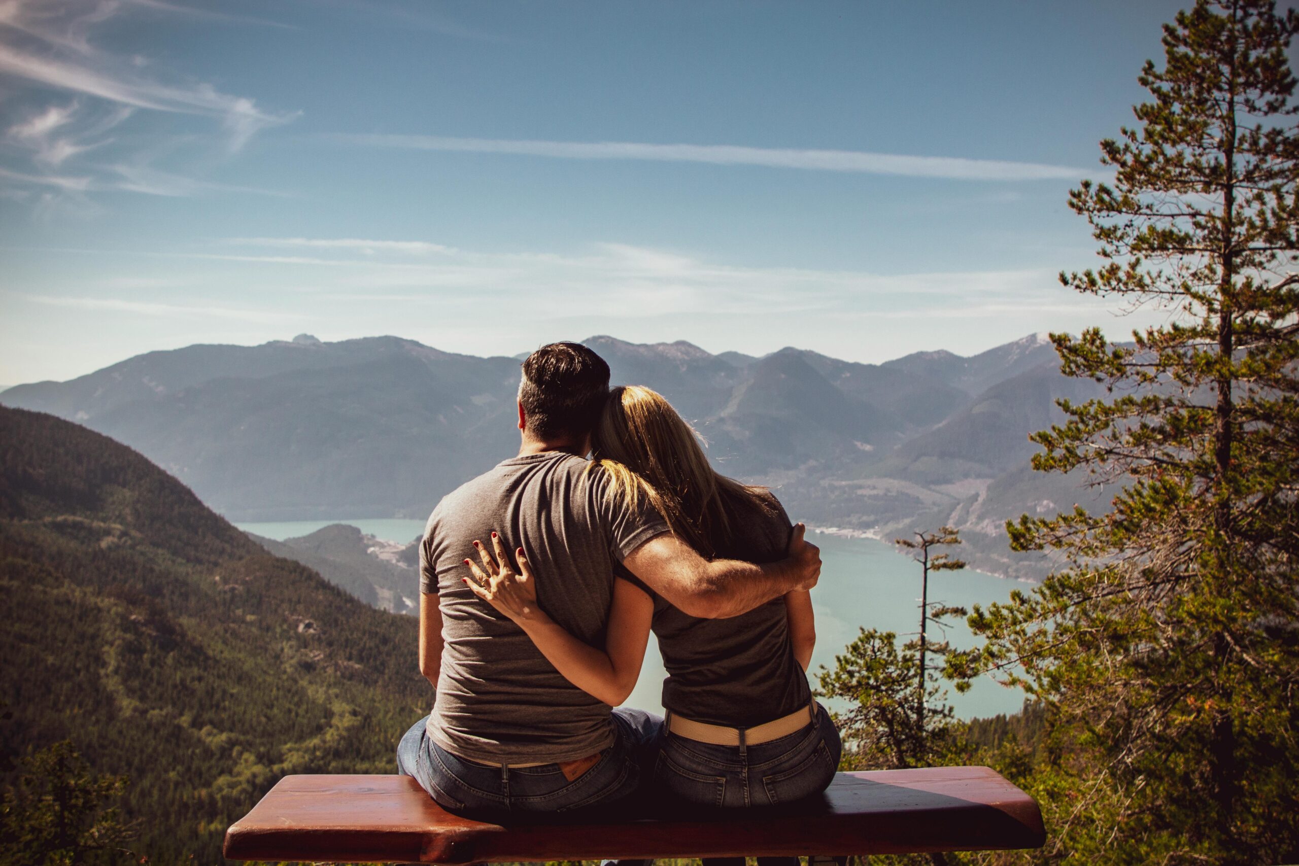 Image of a couple sitting beside each other looking at the scenery.