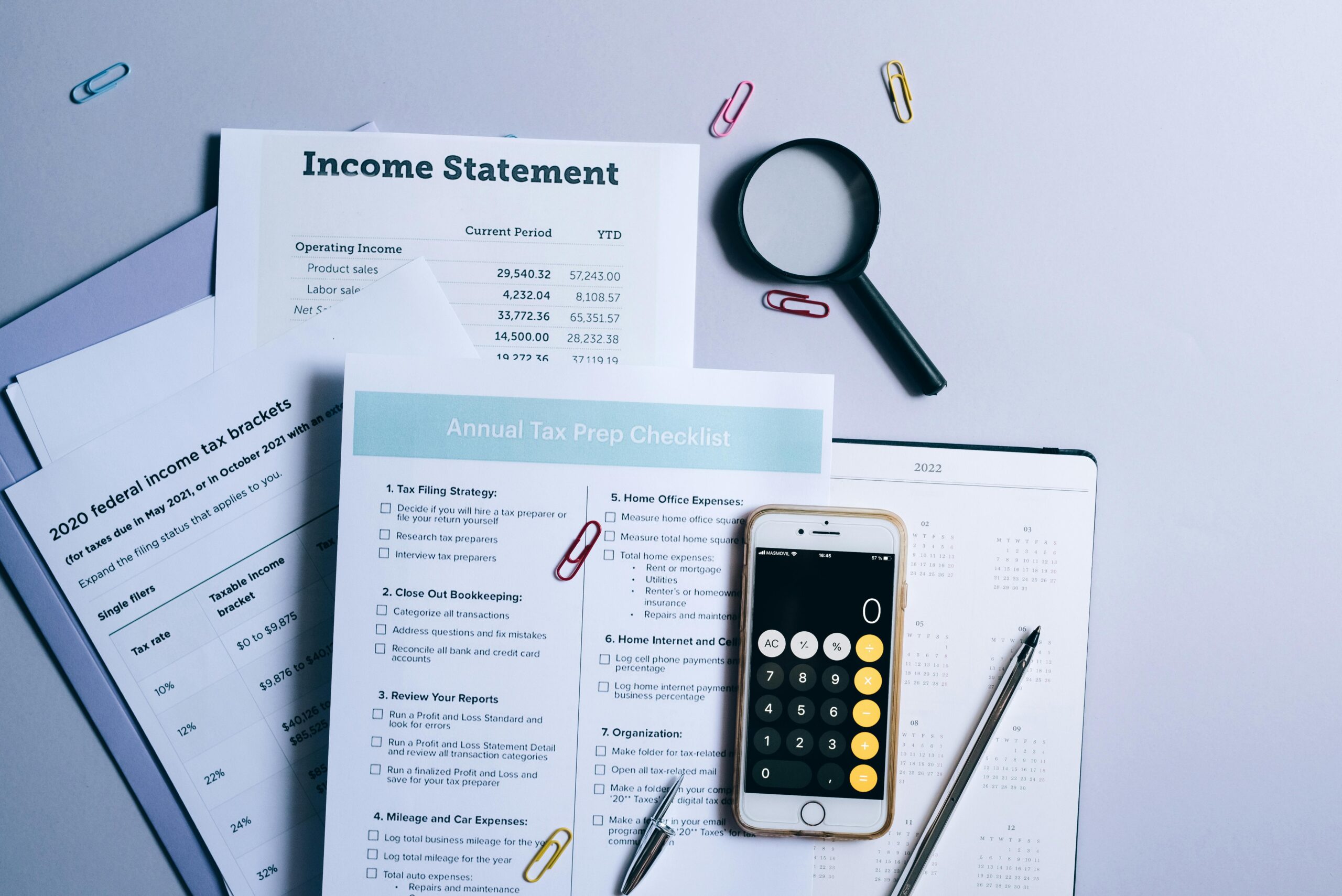 Image of paperwork on a table with a calculator on top.