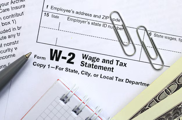 A W-2 wage and tax form laid out with a pen, dollar bills, and a notebook—representing the intersection of payroll, benefits, and Box 12 code analysis during tax season.