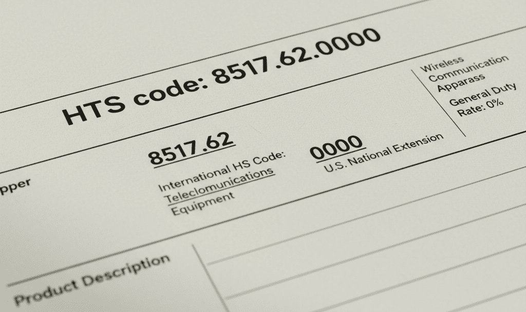 Close-up view of an HTS code sheet and product documentation, illustrating how tariff classifications impact import duties.